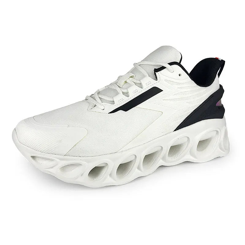 Men's low top casual sports shoes in mesh with a lightweight EVA sole, shown in black, white, and dark blue.