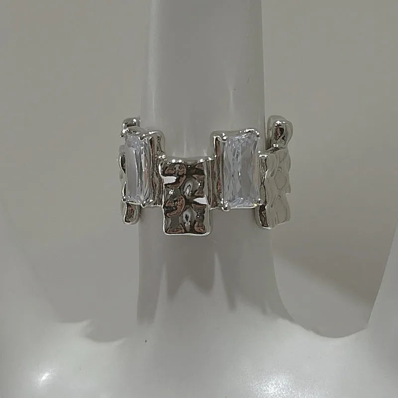 Silver open ring with cross zircon geometric design and three-dimensional decoration