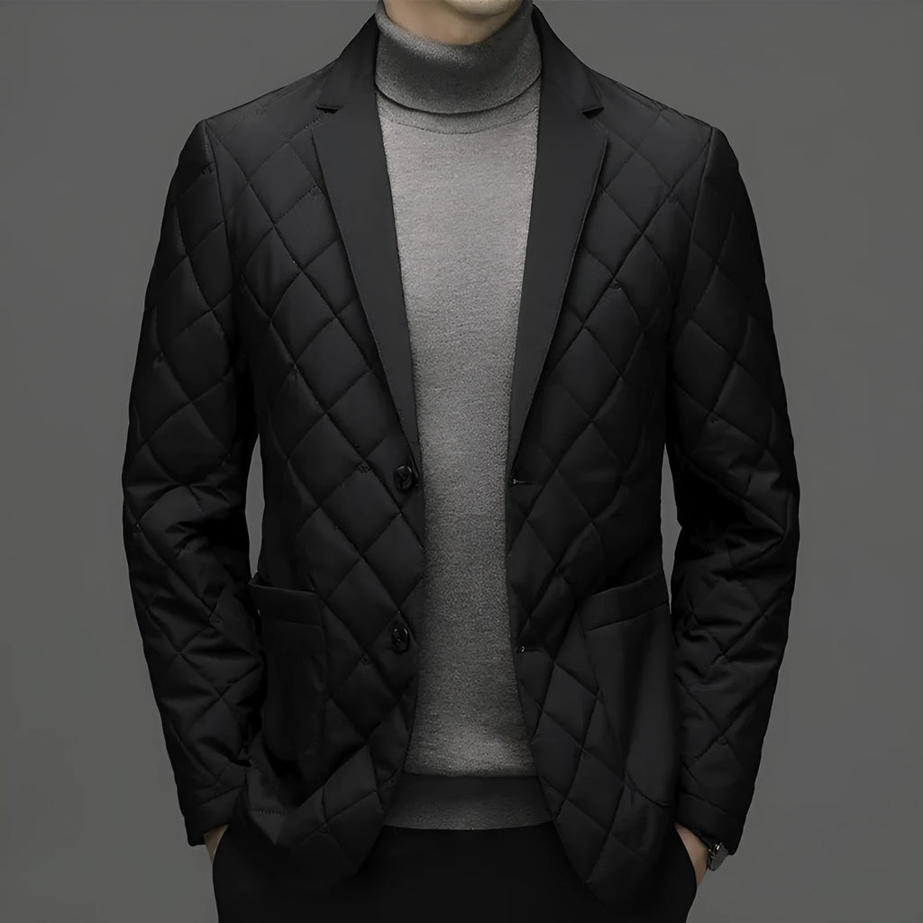 Men's black down jacket with cardigan lapel and side seam pockets