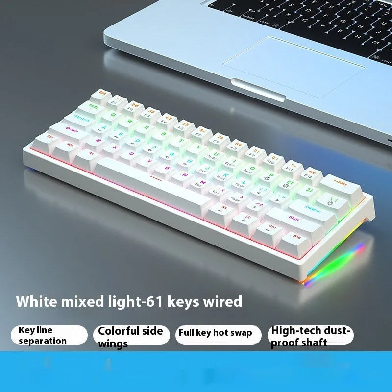 61-key compact mechanical keyboard with blue-white tea switches and wired connection