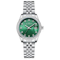 Women's silver alloy calendar watch with circular dial and stainless steel buckle on a wrist.