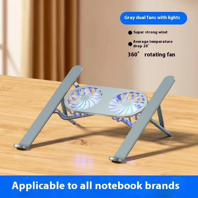 Silver aluminium laptop cooling stand with twin fans in folded position beside cloth carrying bag