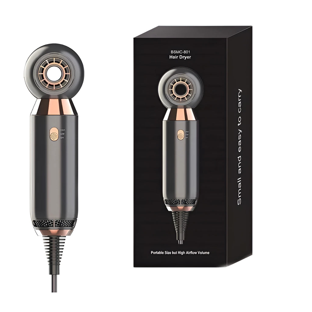 Leafless 800W ionic hair dryer with compact design and diffuser accessory