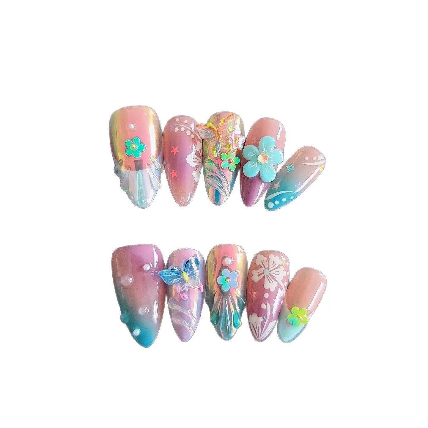 Handmade three-dimensional flower and butterfly nail art sculptures in assorted sizes on a manicure set.