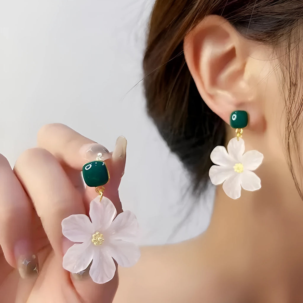 Dark green floral drop earrings with sterling silver finish and needle flowers design