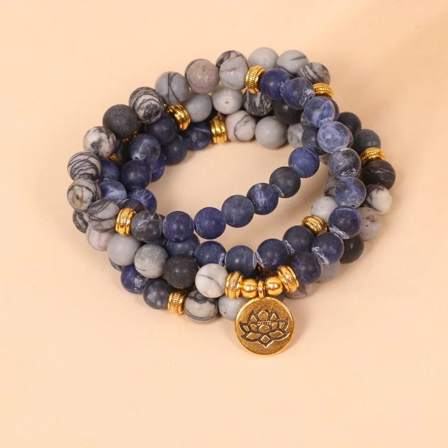 Blue patterned network stone bead multi layer bracelet with alloy construction in fresh sweet style