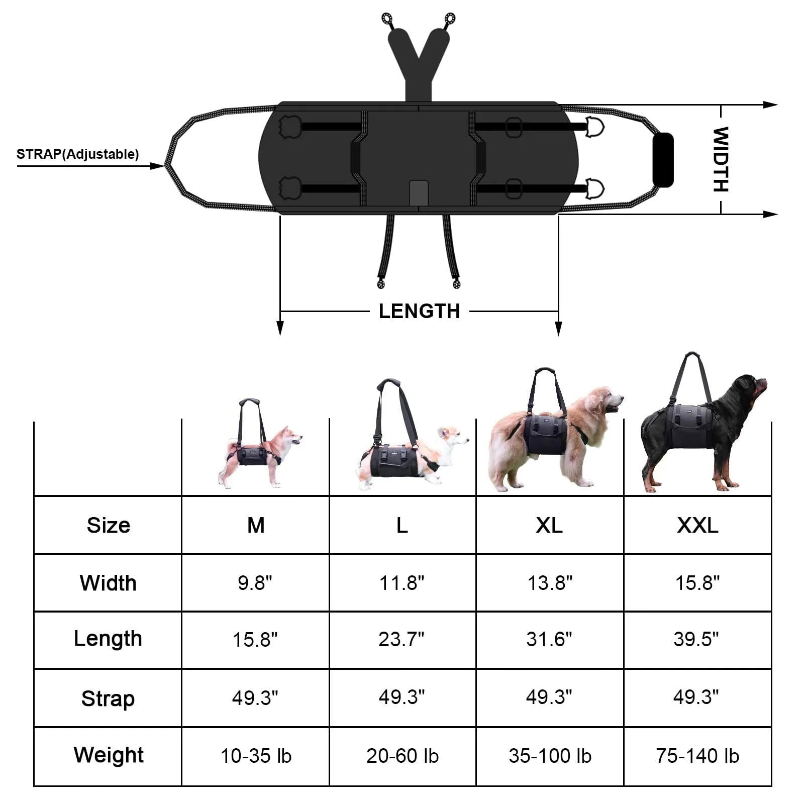 Black Oxford cloth dog rehabilitation harness with breast strap and leg support shown on dog
