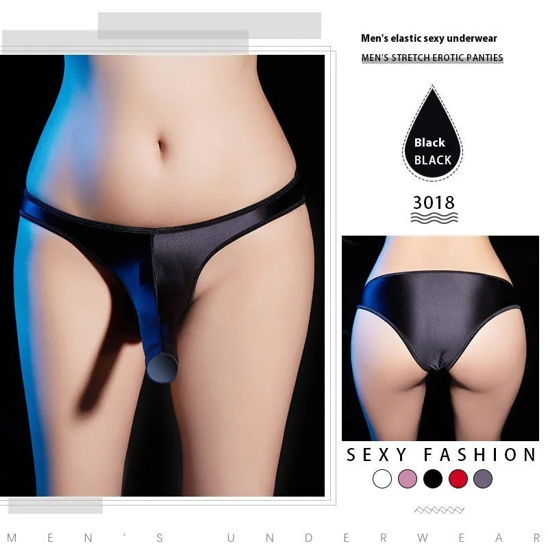 Men's shiny nylon low waist T-back underwear shown in black, white, pink, red, and dark grey colours
