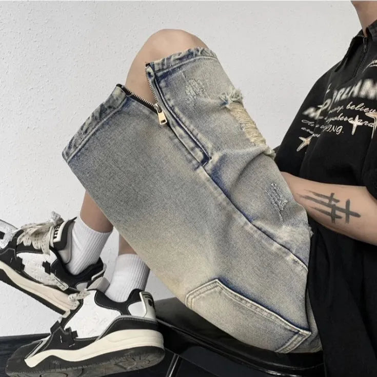 Blue retro-style women's denim shorts with a wide-leg loose fit and tattered detailing.