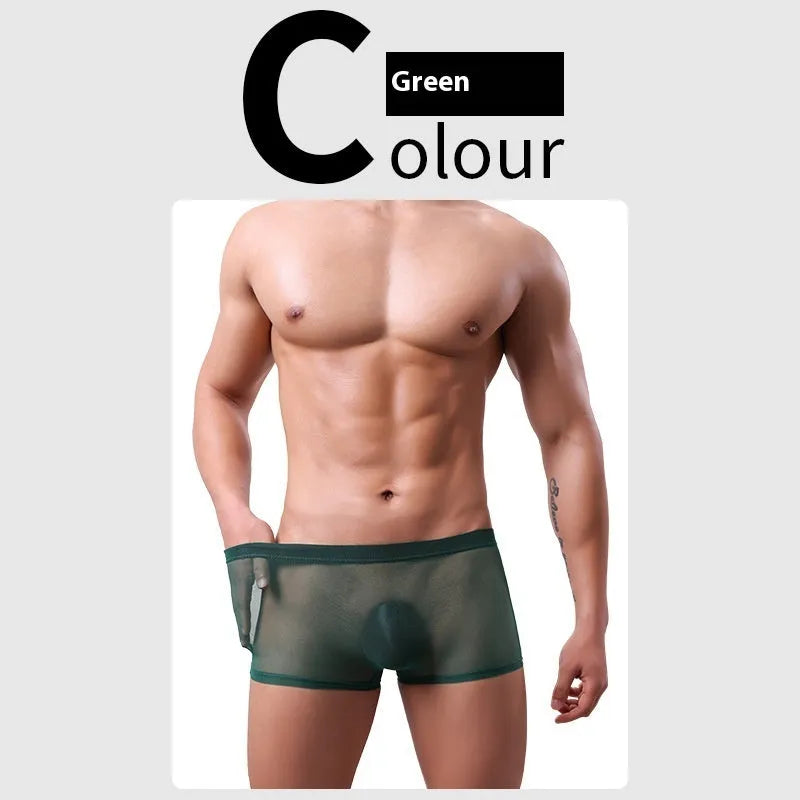 Men's mesh boxer briefs in black, low waist design, thin sheer polyester fabric for summer