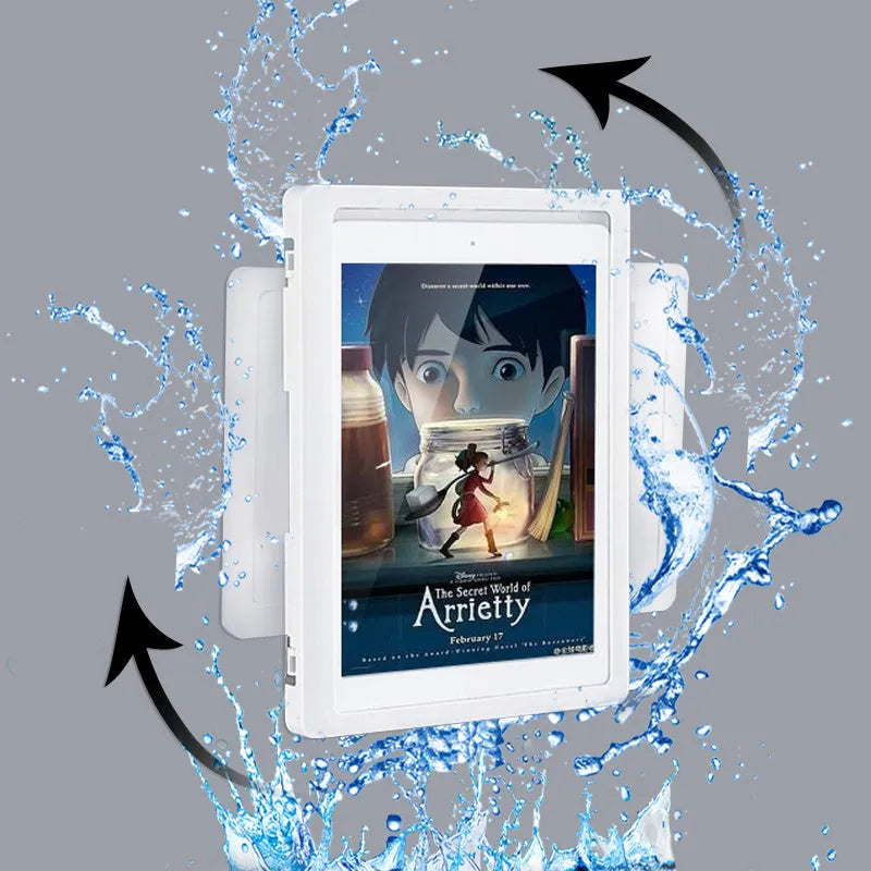 Waterproof phone holder mounted on bathroom tile showing phone inside with touch screen access