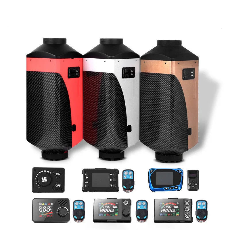 12V 24V diesel air heater kit with fuel tank and components for truck or van installation.