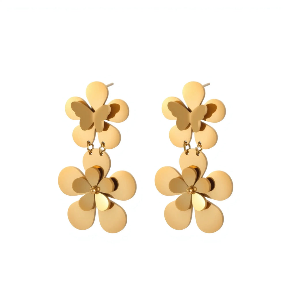 Gold electroplated stainless steel earrings with flower butterfly design for women