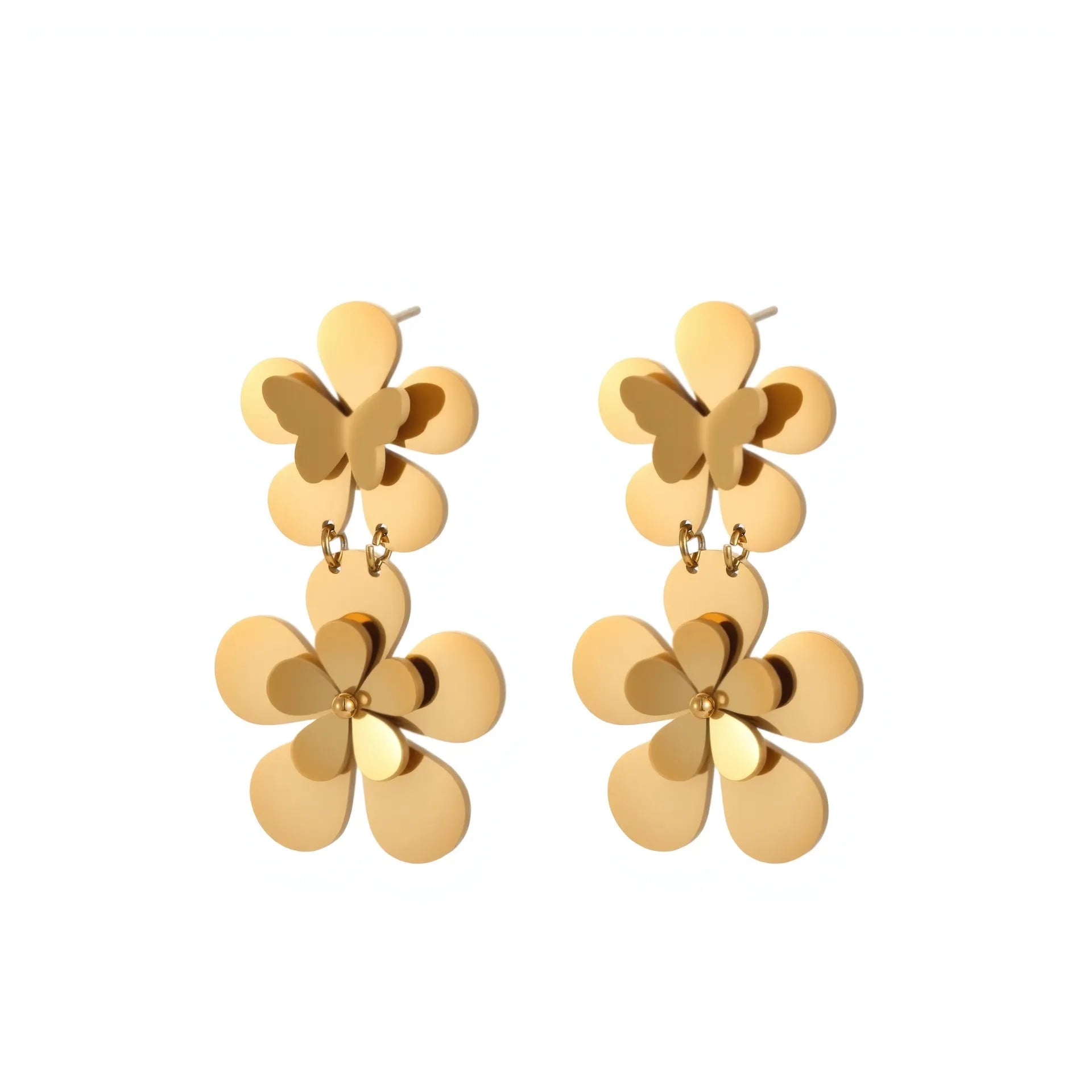 Gold electroplated stainless steel earrings with flower butterfly design for women