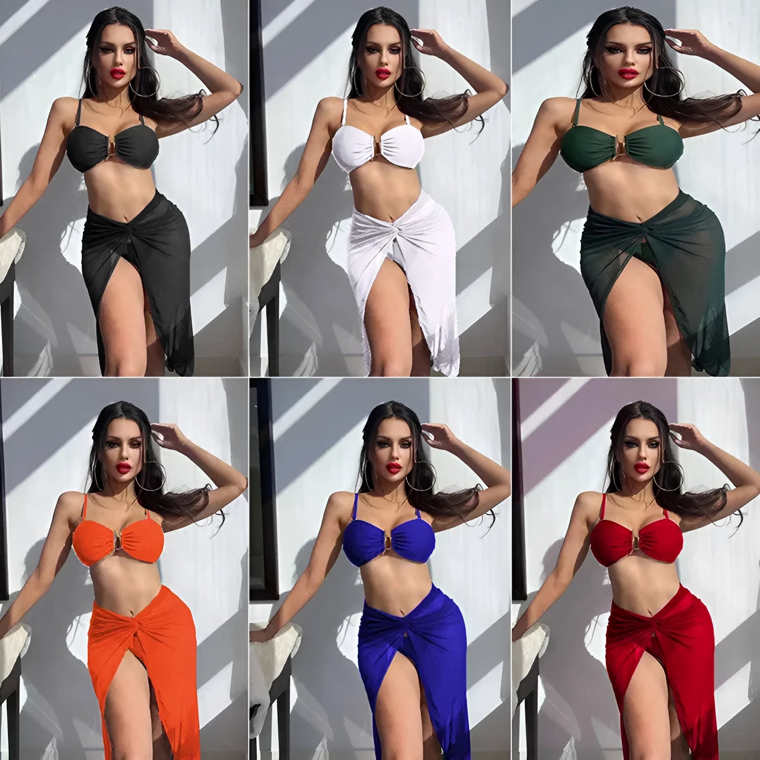 Women's multicolour three-piece bikini set with long culotte pants and skirt