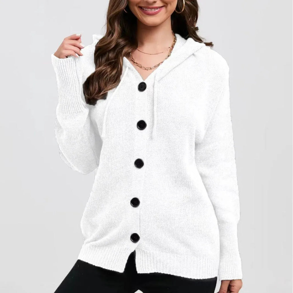 Women's loose-fit hooded cardigan sweater in a solid colour with a 3D textured pattern.