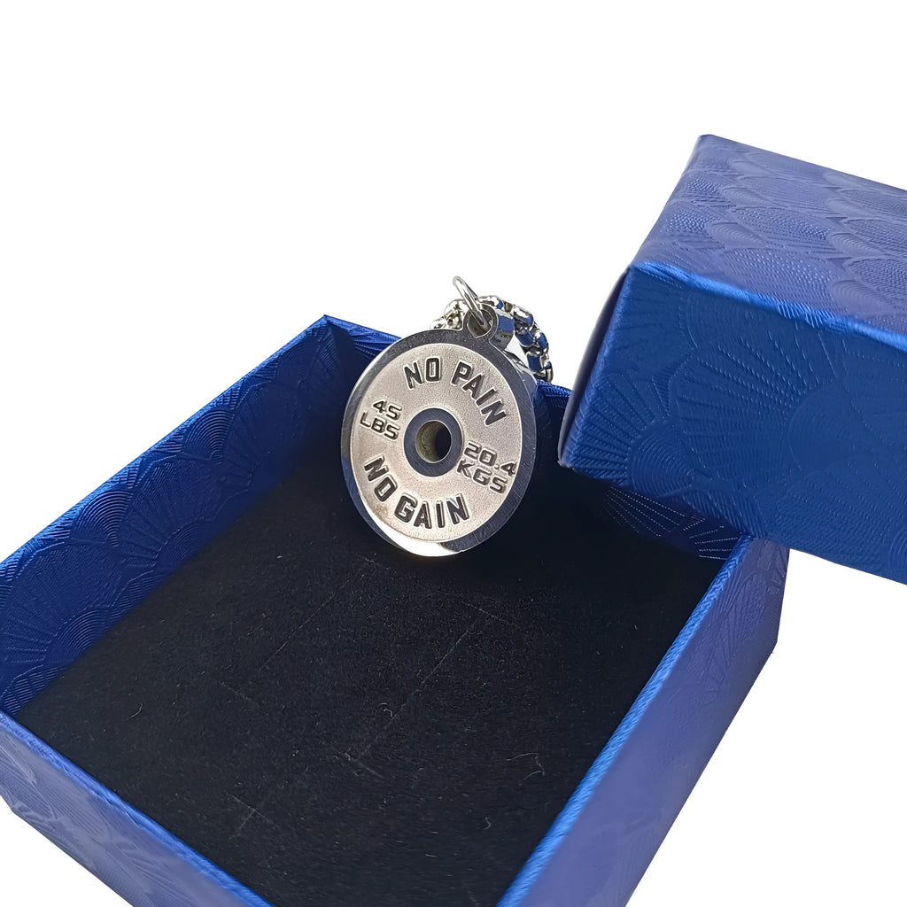 Stainless steel barbell disk necklace with geometric pendant on 60cm chain