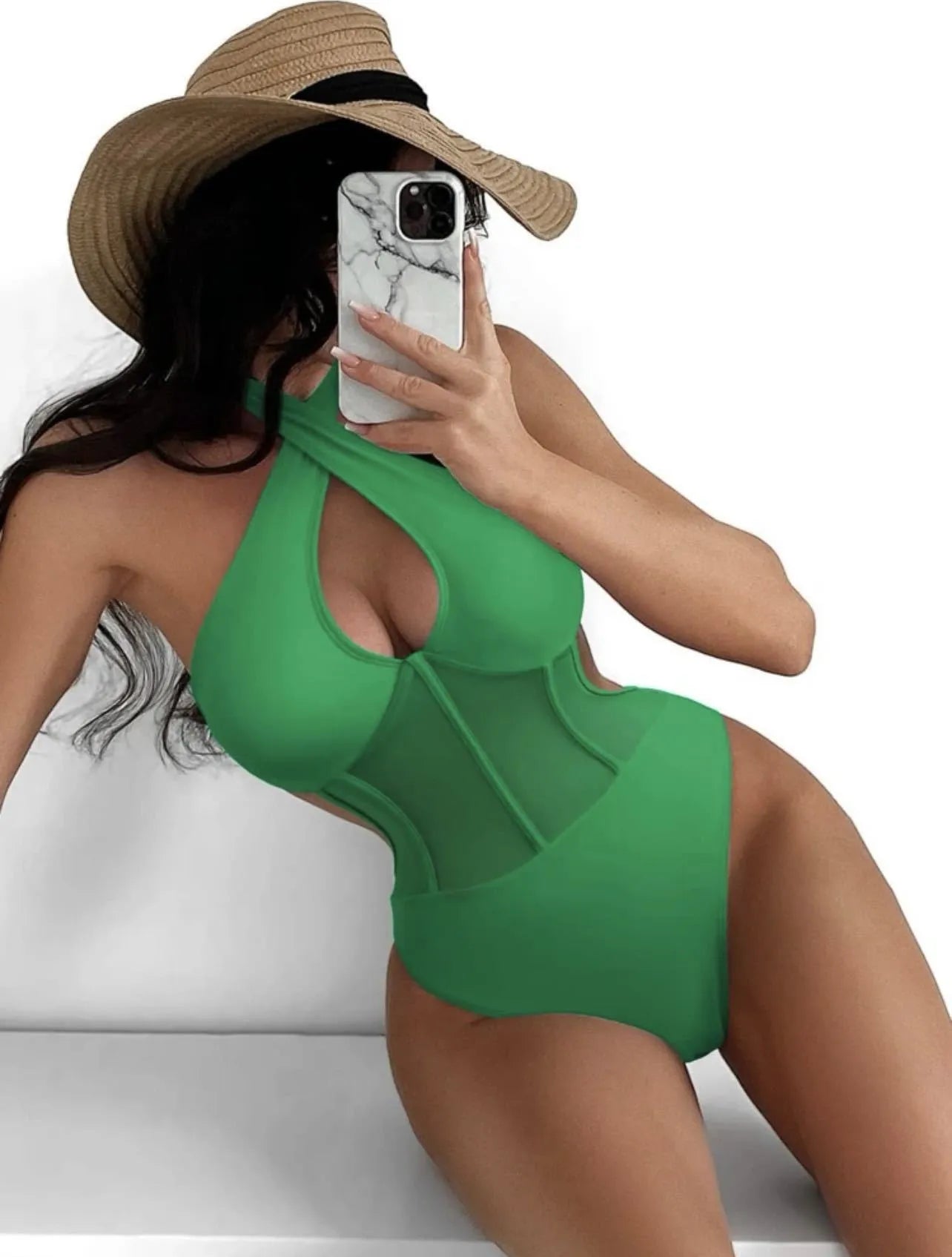 Women's black one-piece bikini swimsuit with nylon-spandex fabric on mannequin