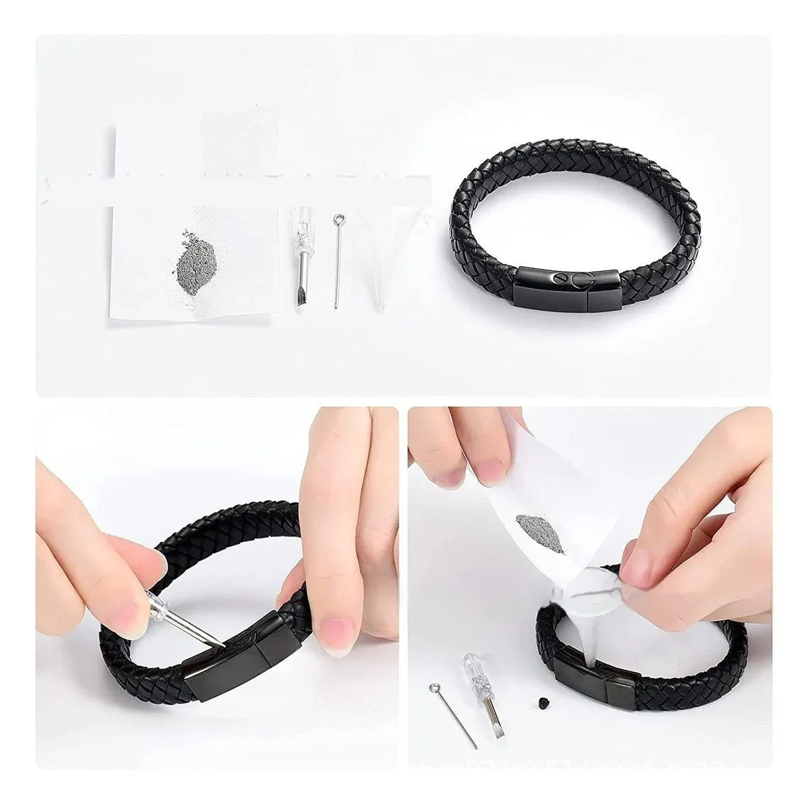Black leather and stainless steel casket bracelet with engraved text on a gift box.