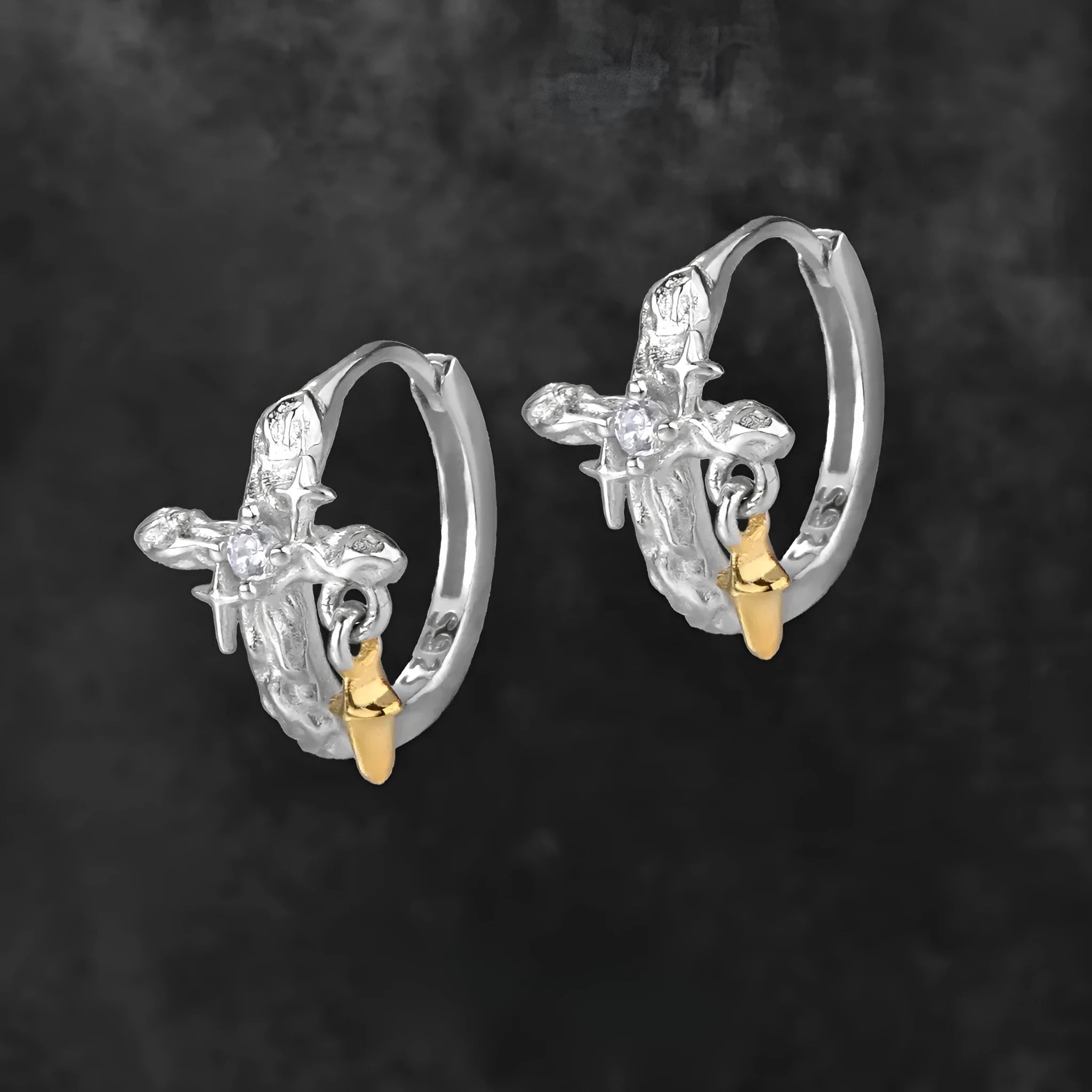 925 sterling silver cross earrings with geometric design and white gold colour finish