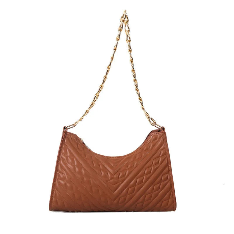 Brown pleated chain strap baguette shoulder bag with a vertical square shape and soft carry handle.
