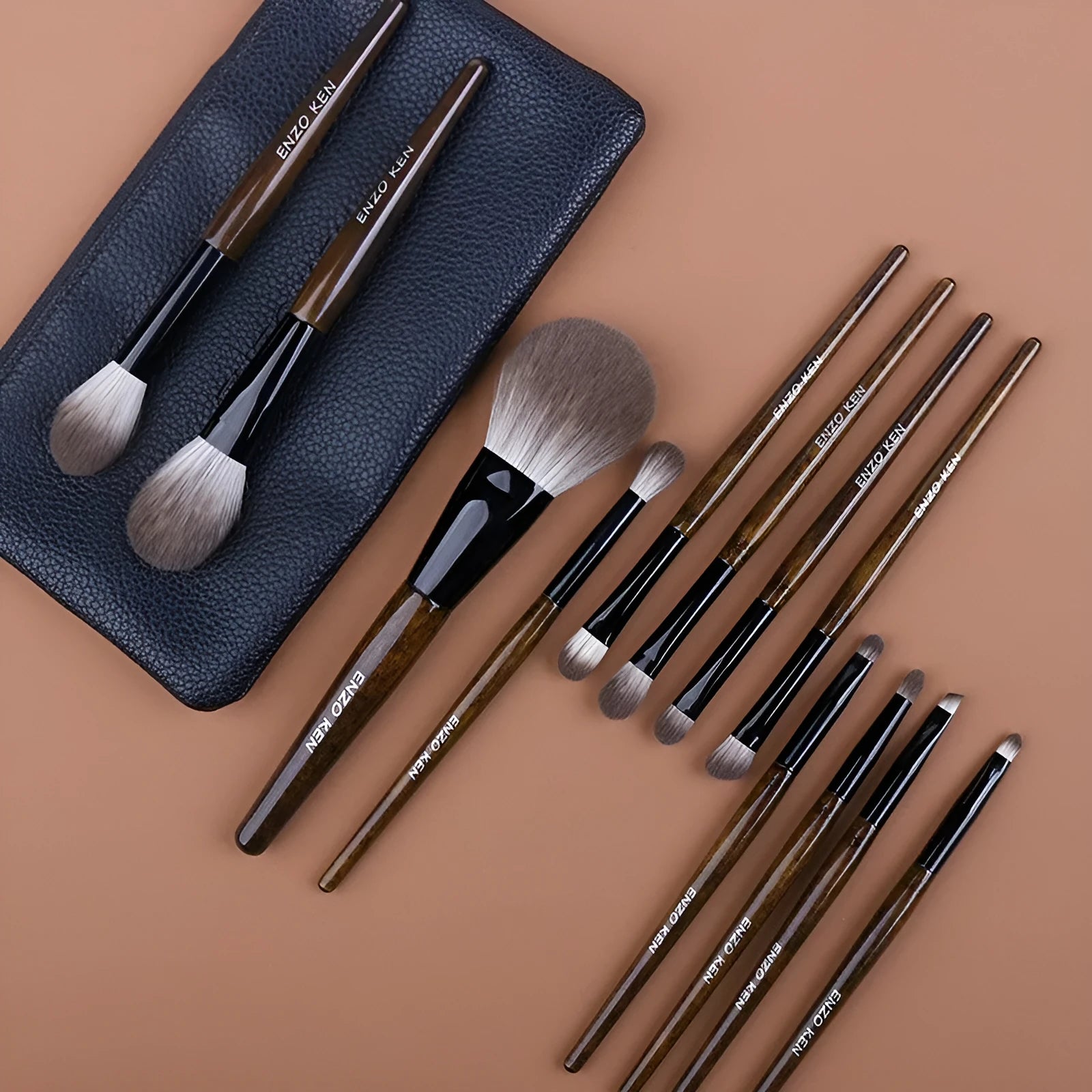 12-piece makeup brush set with wooden handles in a PU carrying case