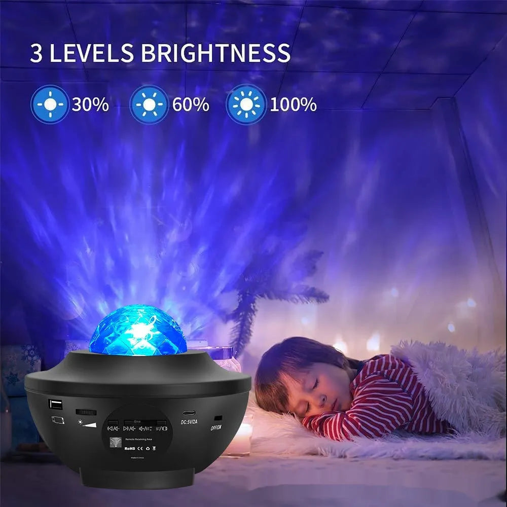 Black-parallel starry sky projection lamp with rotating water ripple laser effects and Bluetooth connectivity