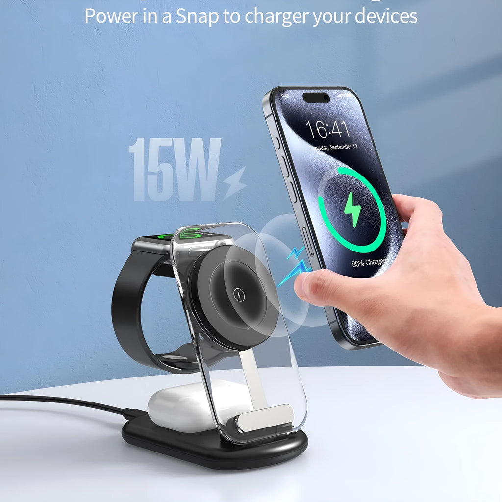 Transparent foldable magnetic wireless charger showing internal components with QC3.0 fast charging