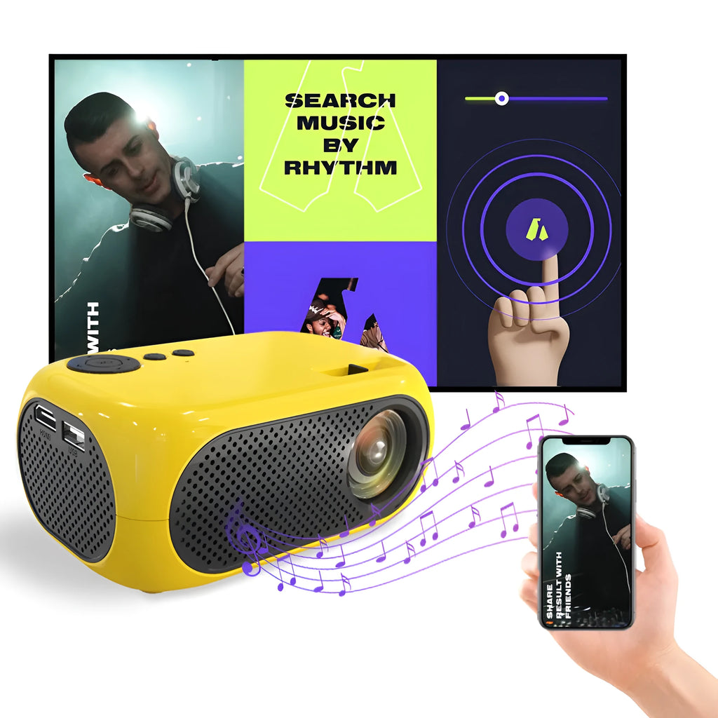 M24 portable micro projector in gold or white colour with power adapter and AV cable