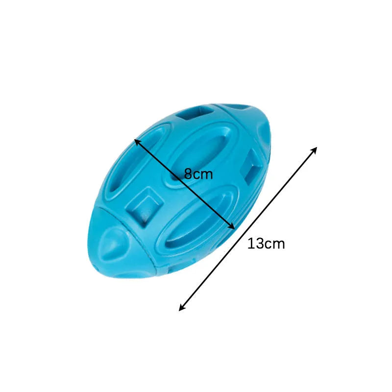 Natural rubber squeaky dog chew ball with textured surface grooves in blue, green, or orange colours