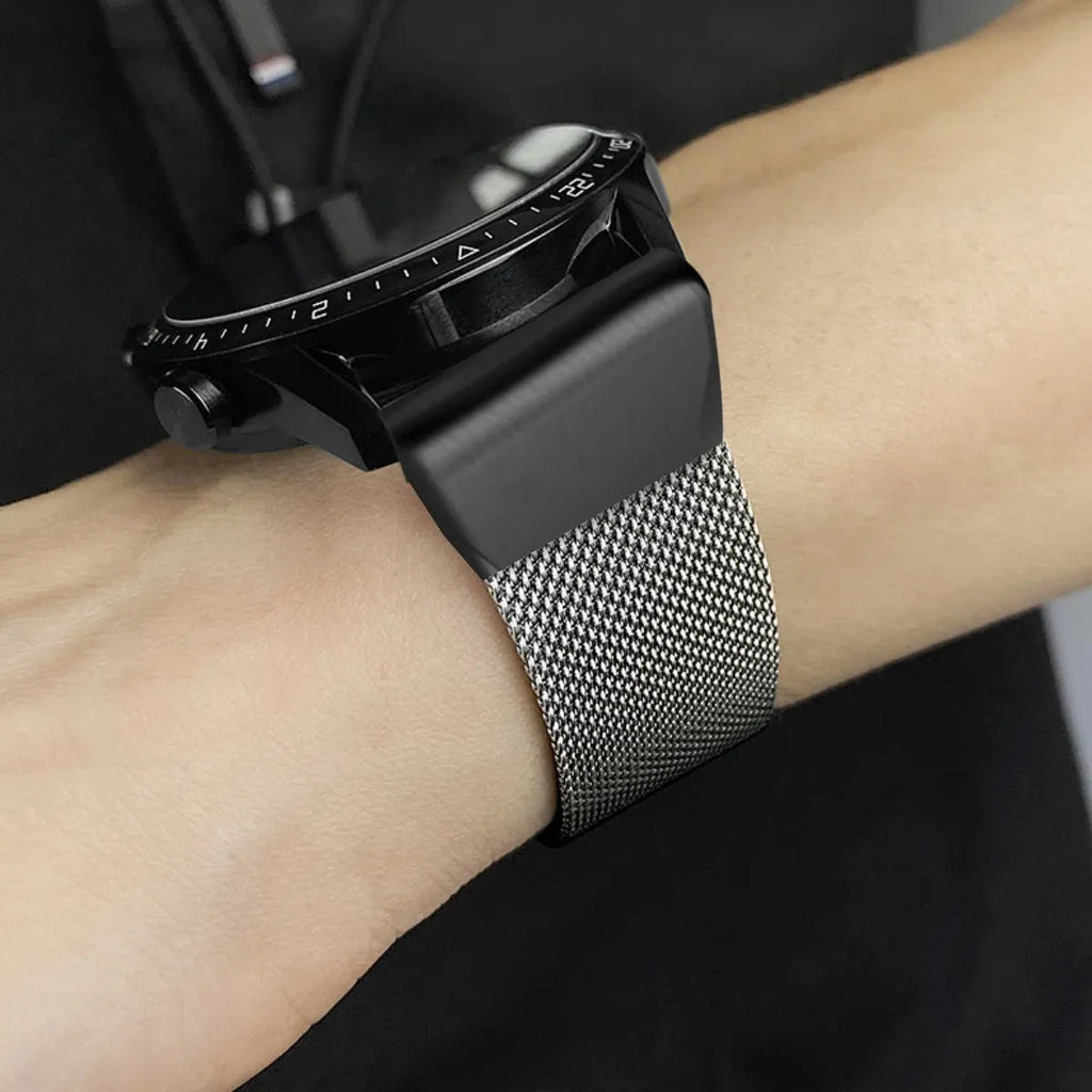 Stainless steel metal link bracelet strap for Garmin Fenix 7 and 6 series smartwatches in silver finish.