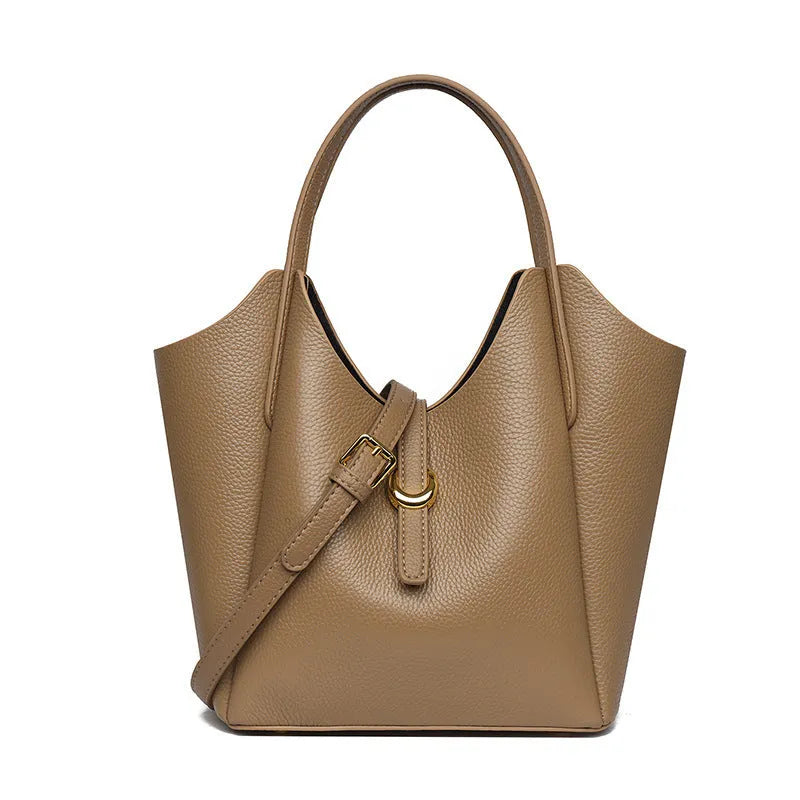 Genuine leather women's bucket bag in hand-held style with visible stitching details