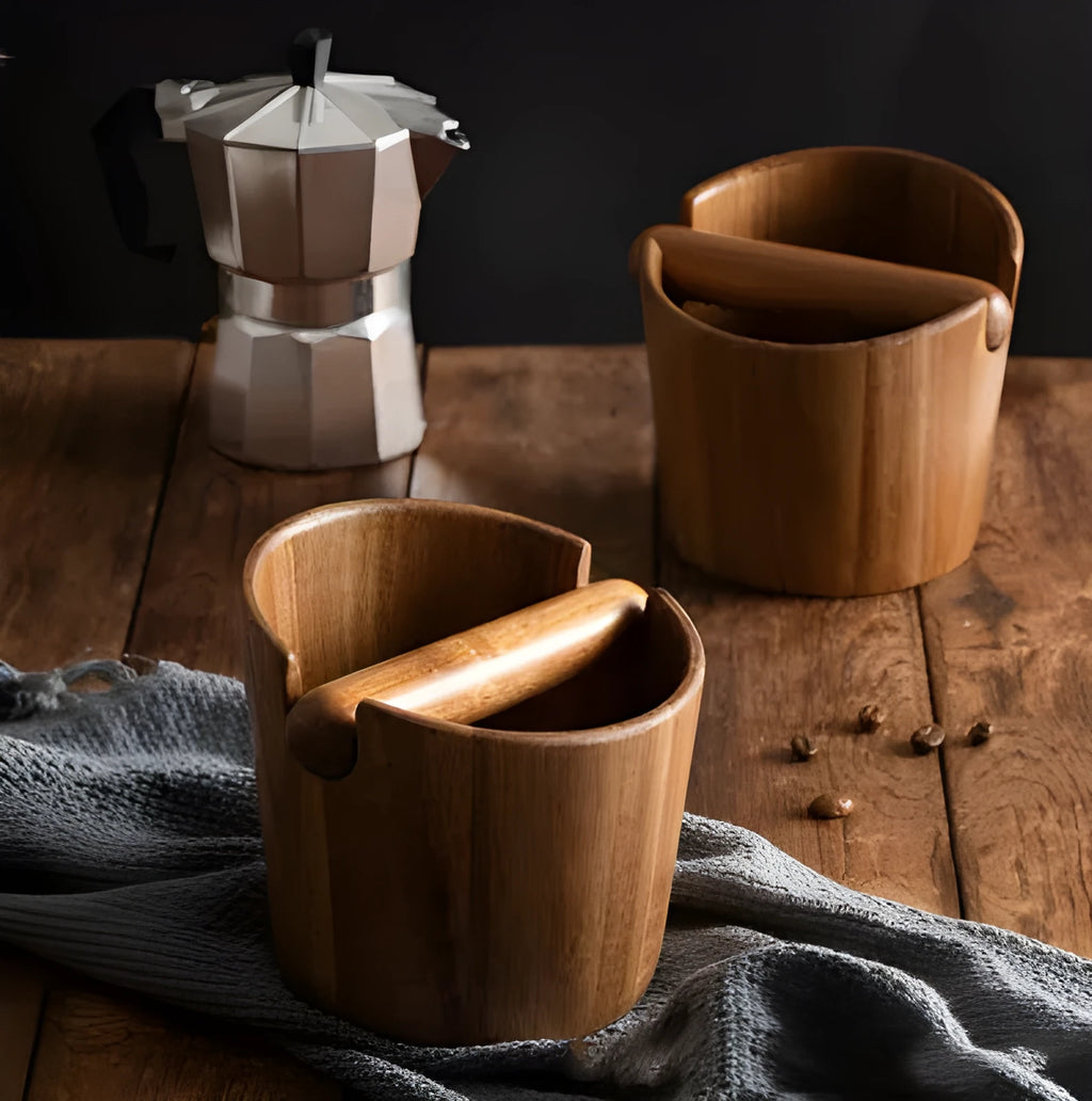 Acacia mangium wood coffee grounds storage bucket on countertop