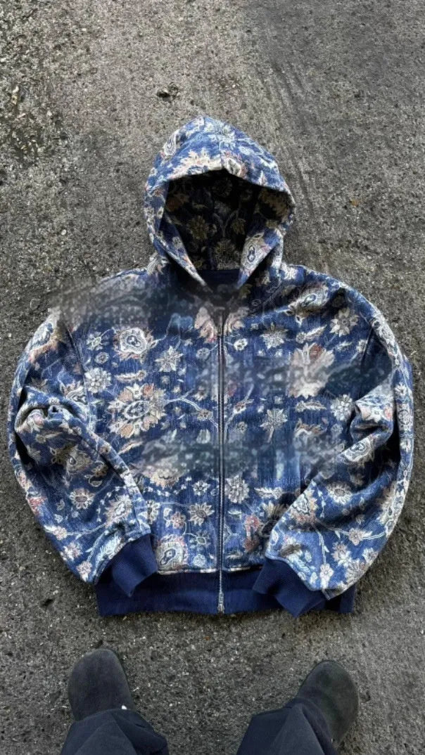 Men's blue loose fit hooded zip coat casual jacket for autumn wear
