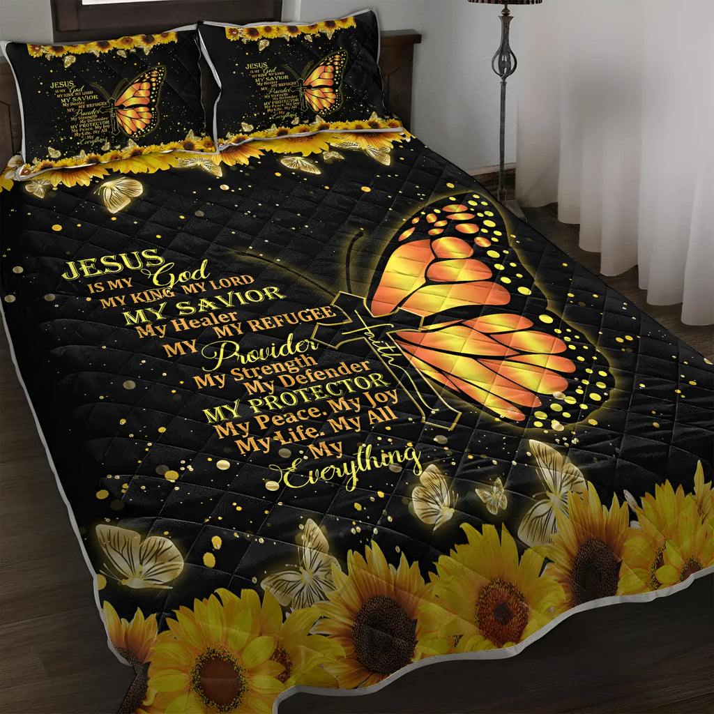 3-piece black quilt set with butterfly and sunflower 3D pattern on bed