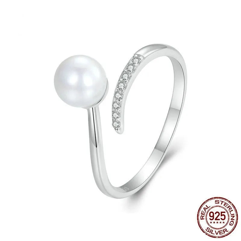 Adjustable women's ring with shell pearls on S925 sterling silver open-loop band