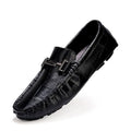 Men's casual leather shoes in large sizes with a buckle detail, low-cut design, and flat rubber sole.