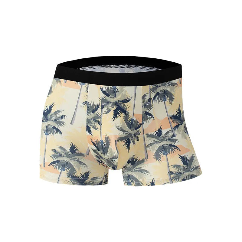 Men's printed underwear in polyester ice silk fabric on a size chart showing waist and length measurements.