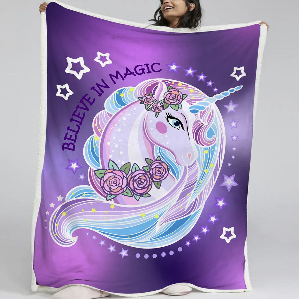 High weight soft warm unicorn themed purple lamb wool blanket on sofa