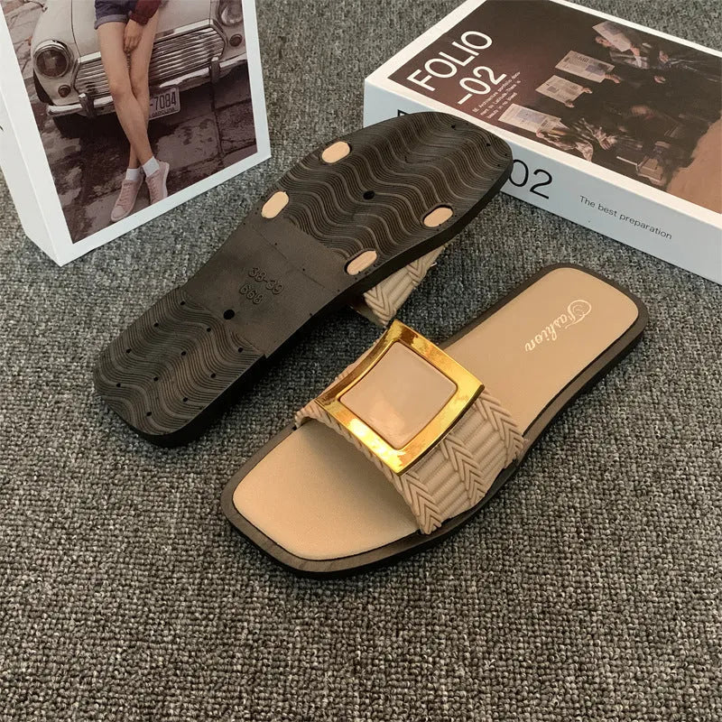 Women's casual flat slipper in apricot colour with a smooth PVC sole.