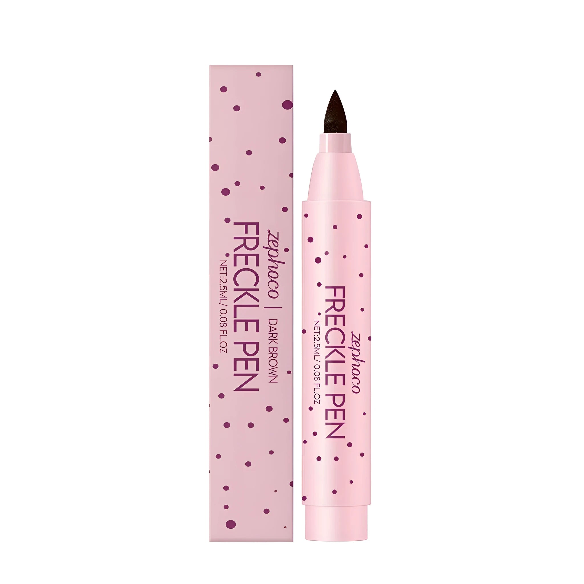 Cosmetic freckle pen for facial application showing dark brown and light brown shade options