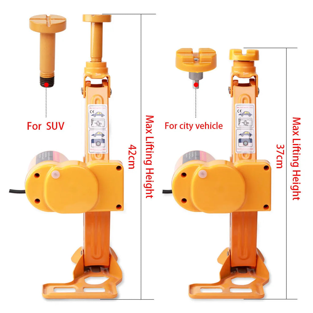 Yellow steel electric car jack and wrench set on a garage floor