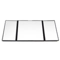Silver folding car visor makeup mirror shown both open and closed.