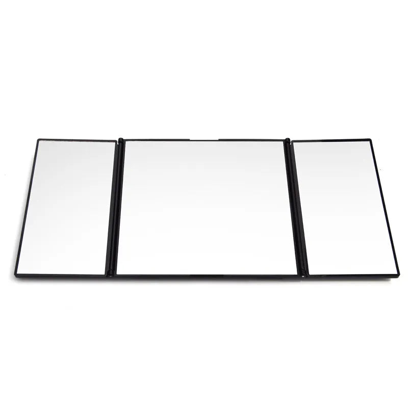 Silver folding car visor makeup mirror shown both open and closed.