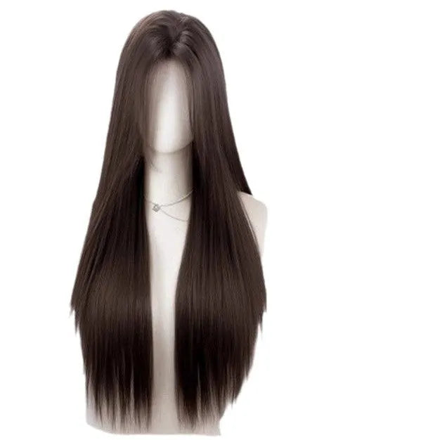 Full-head forehead lace wig with long straight dark brown hair and included care kit