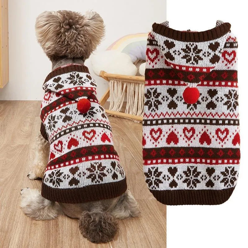 Acrylic knitted dog sweater with snowflake stripes in pink on small white dog