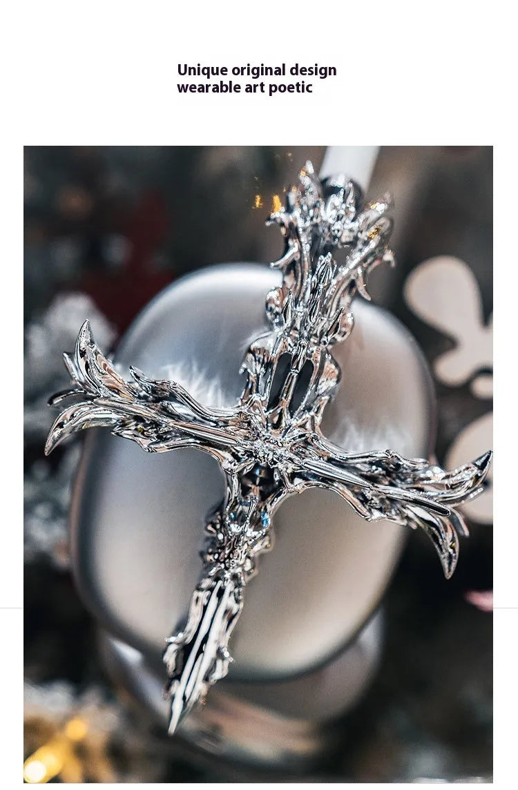 Gothic cross patterned resin cover for Apple AirPods Max headphones in silver colour
