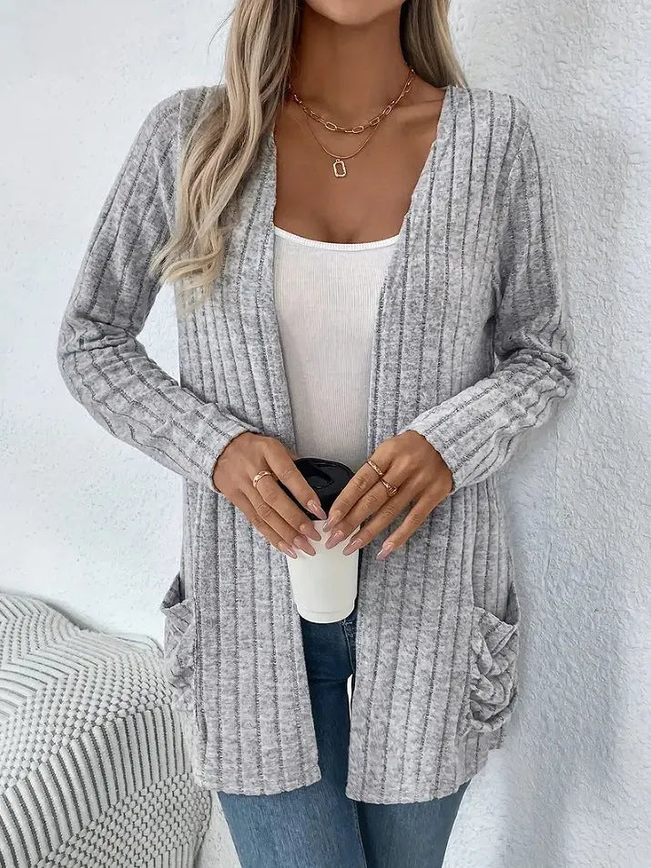 Solid colour long sleeve cardigan with pockets in loose fit, available in grandma grey or black