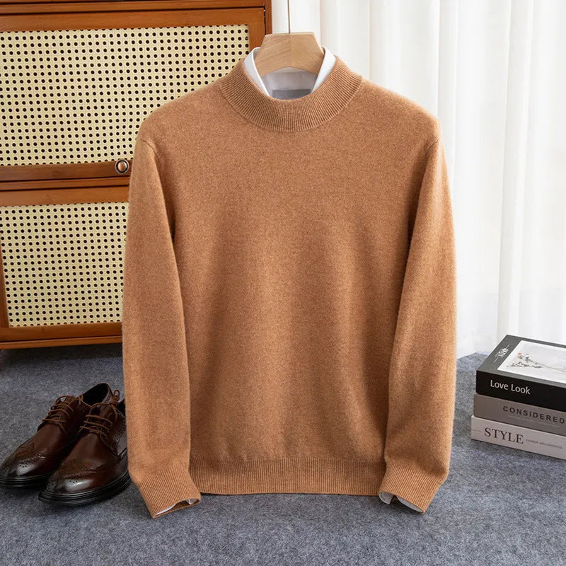 Men's loose fit half-turtleneck wool sweater in a rough yarn knit, shown in a range of colours.