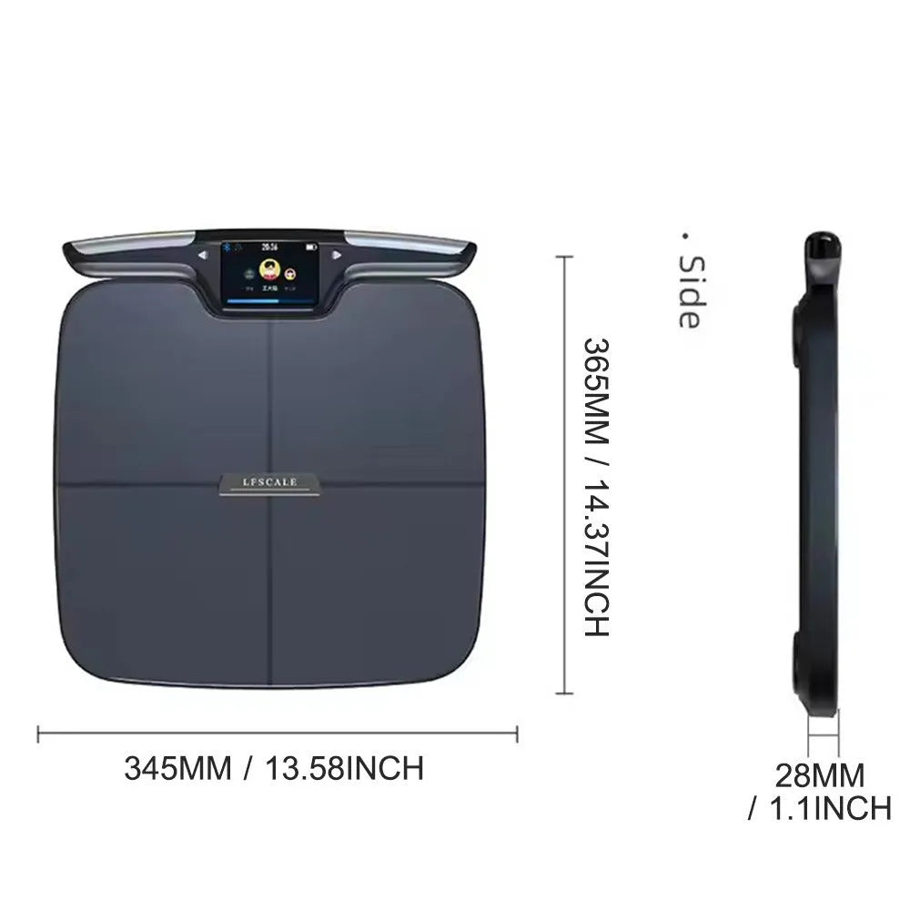 Black eight-electrode intelligent body fat scale on a bathroom floor